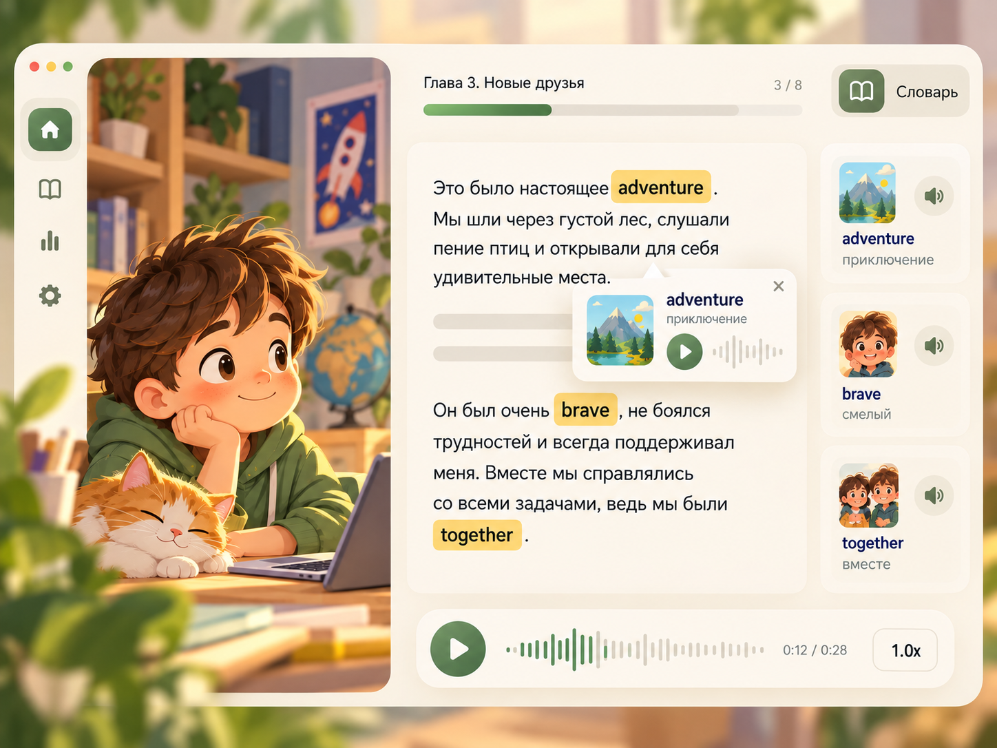 Страница чтения с выделенными английскими словами и письмо родителю: Миша прочитал 3 истории, выучил 15 слов